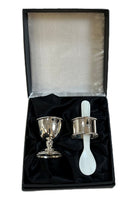 Load image into Gallery viewer, Silver Egg Cup, Napkin Ring, Mother of Pearl spoon Set
