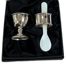 Load image into Gallery viewer, Silver Egg Cup, Napkin Ring, Mother of Pearl spoon Set
