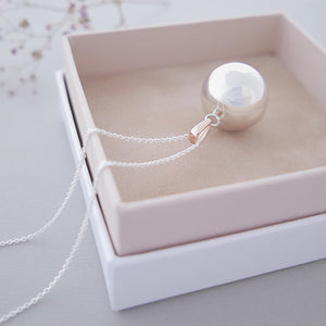 polished hallmarked sterling silver Mexican bola pregnancy necklace with 9ct rose gold bail in luxury packaging